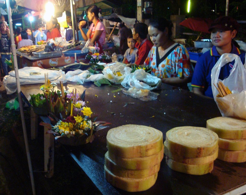 Building krathongs for Loy Krathong