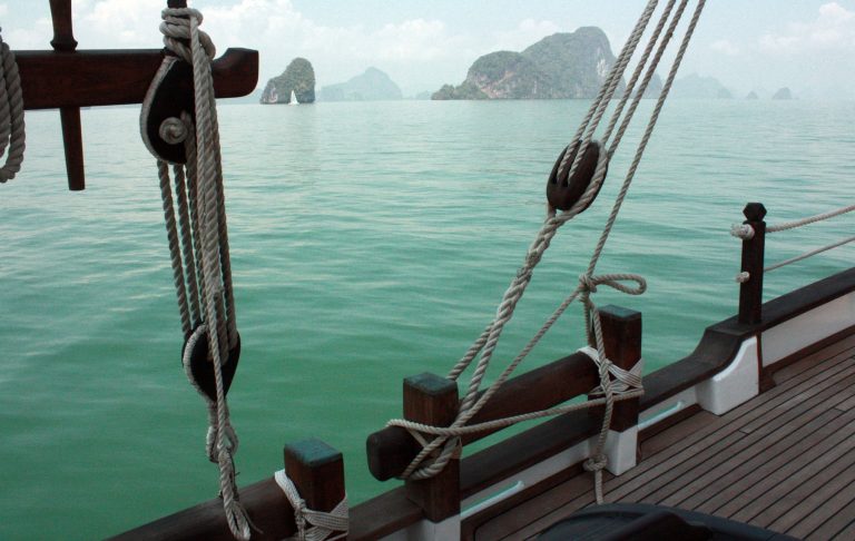 Sailing yacht deck view in Phang Nga Bay