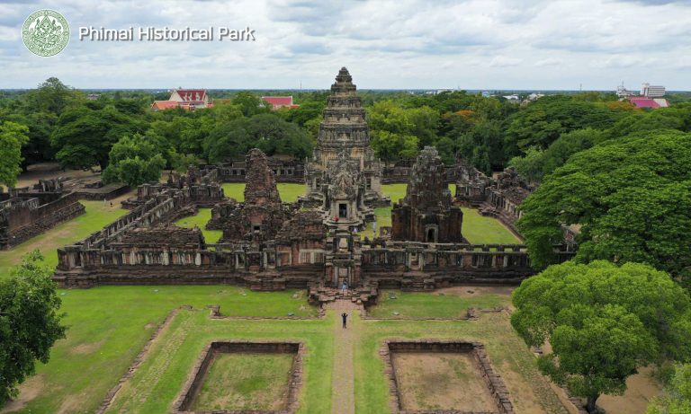 Aerial view of Phimai Historical Park and the main Prasat Hin Phimai sanctuary in Nakhon Ratchasima