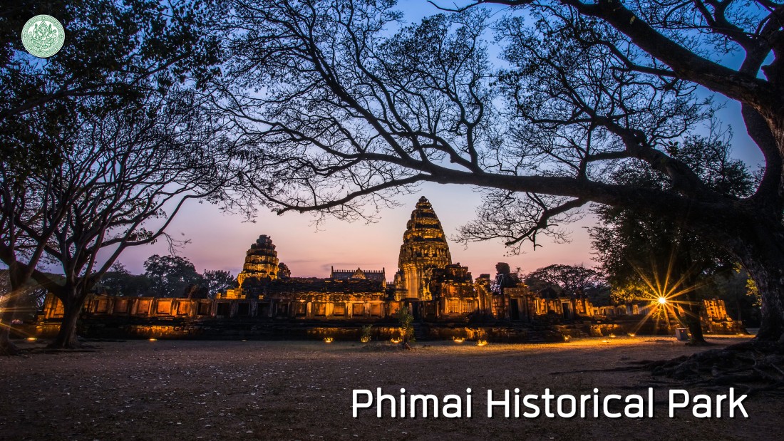 Phimai Historical Park illuminated at dusk in Nakhon Ratchasima