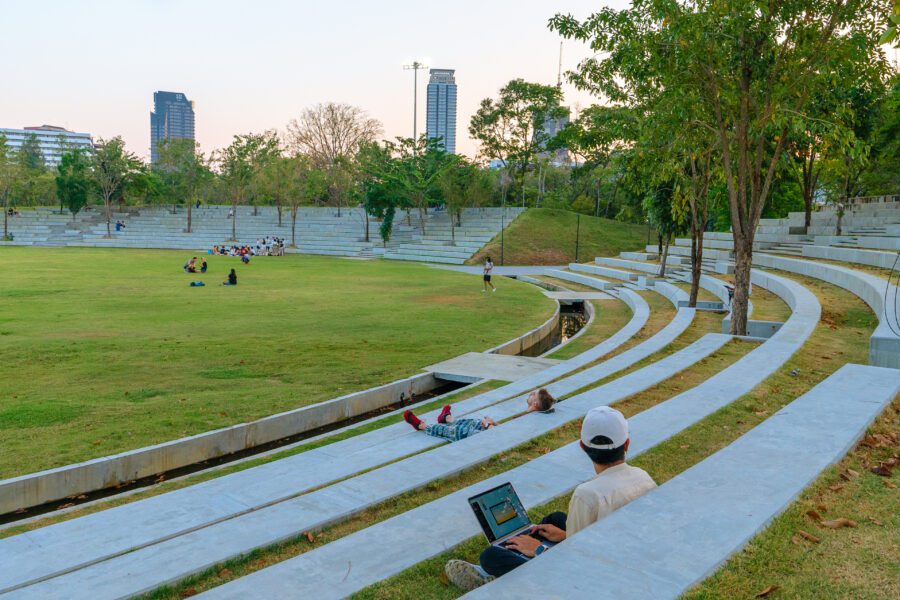Elevated skywalk at Benjakitti Forest Park Bangkok