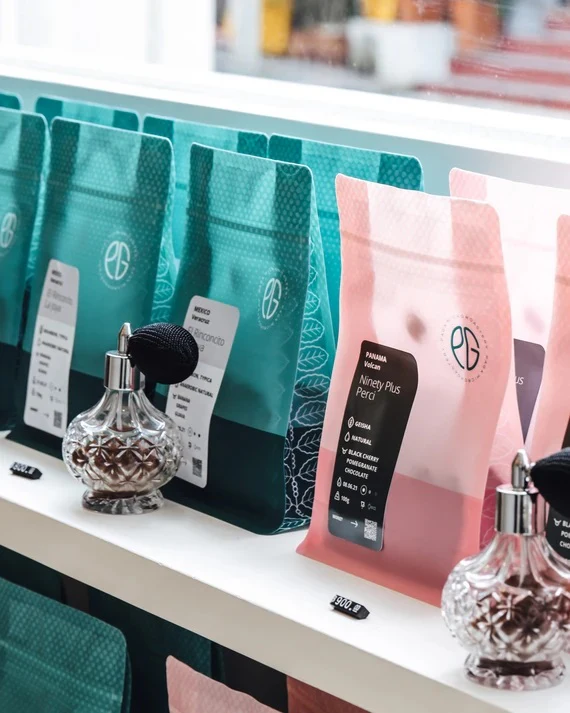 PAGA Microroastery coffee bags and retail shelf in Bangkok