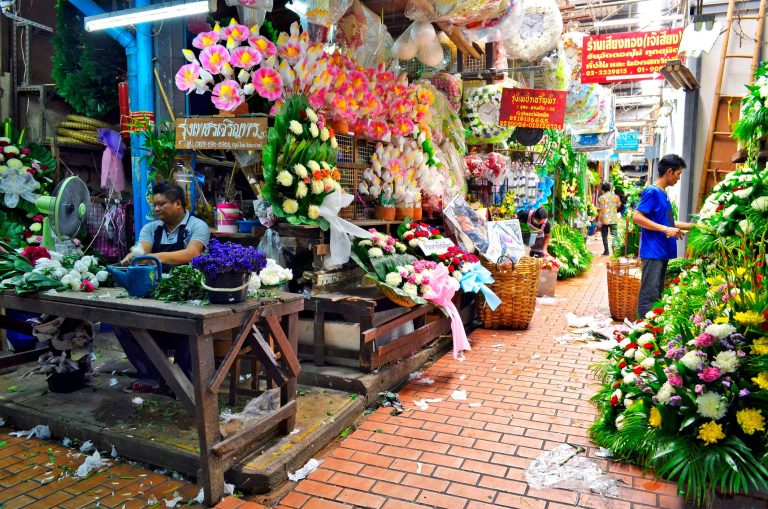 Marigold garlands at Pak Khlong Talat flower market Bangkok