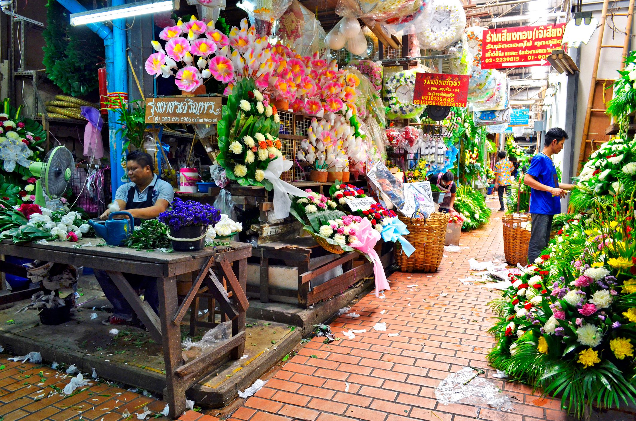 Marigold garlands at Pak Khlong Talat flower market Bangkok