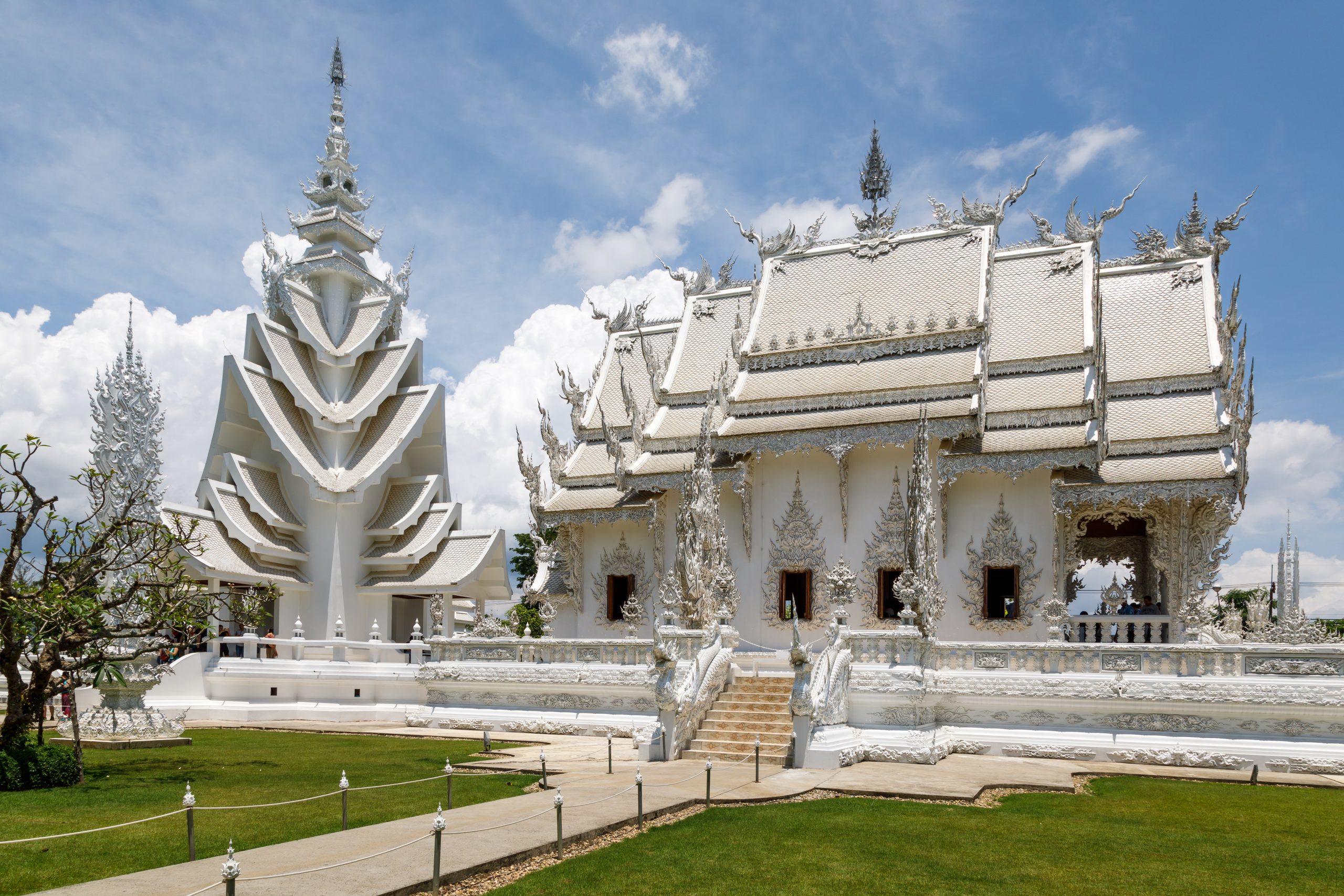 Ornate exterior details at Wat Rong Khun in Chiang Rai