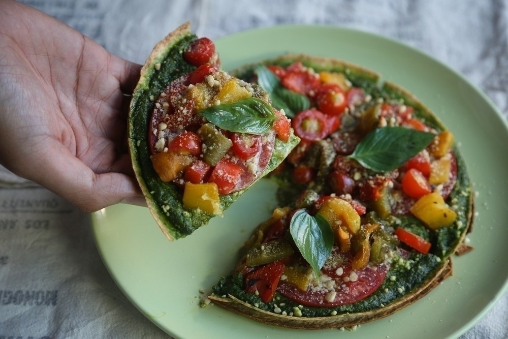 Pesto tortilla pizza at Broccoli Revolution