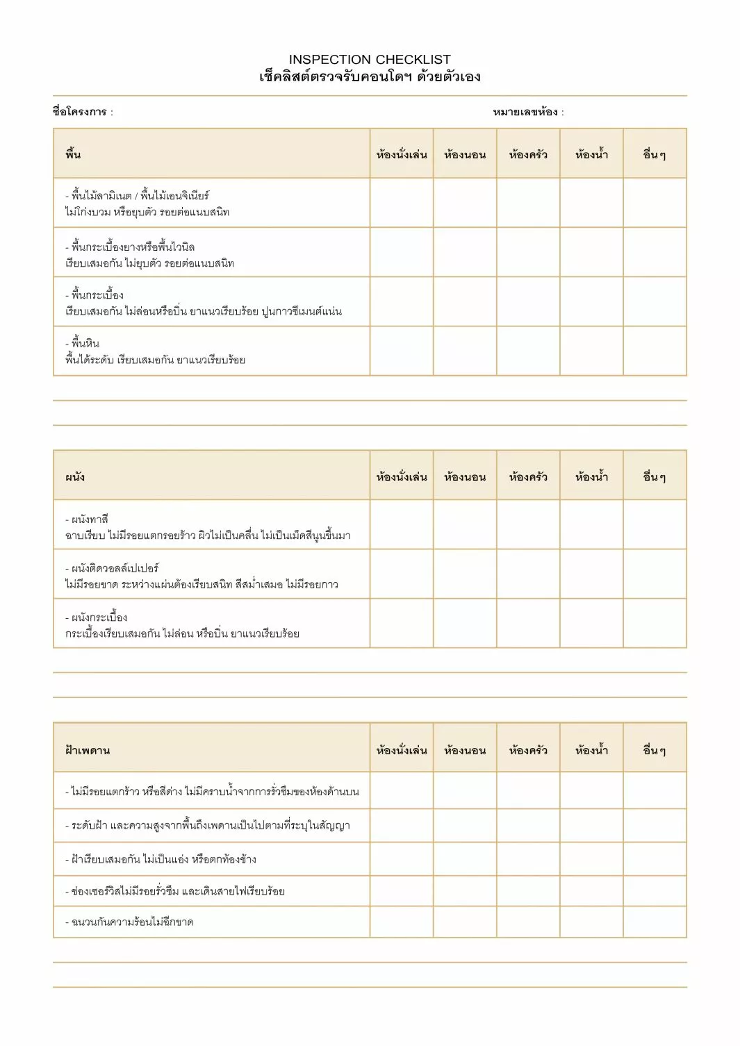 Thai condo inspection checklist for floors and walls