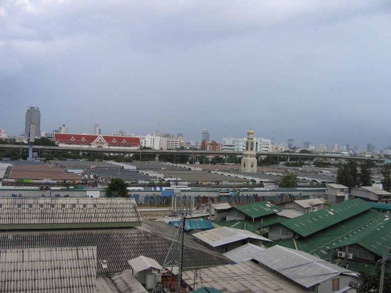 Aerial view across Chatuchak Weekend Market roofs