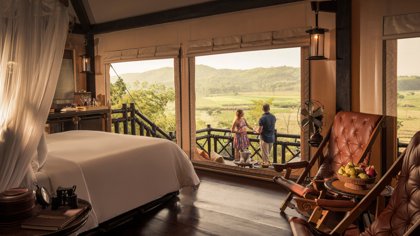 Guests looking from a Four Seasons tent across the landscape