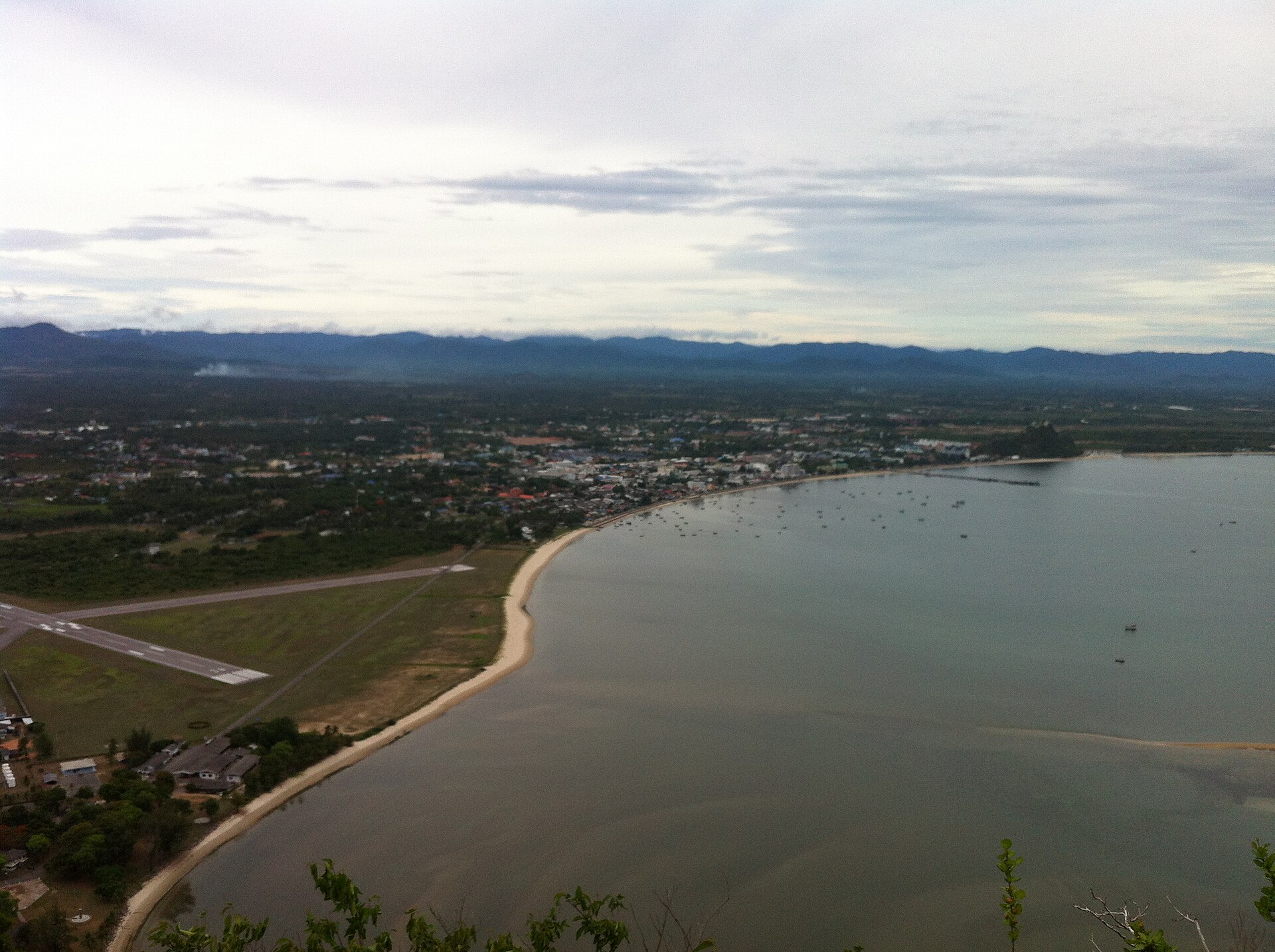 Aerial view of Prachuap Khiri Khan town between the sea and limestone hills