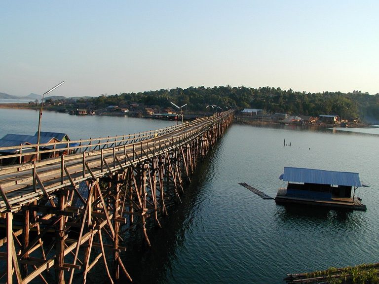 Wooden Mon Bridge over the water at Sangkhlaburi