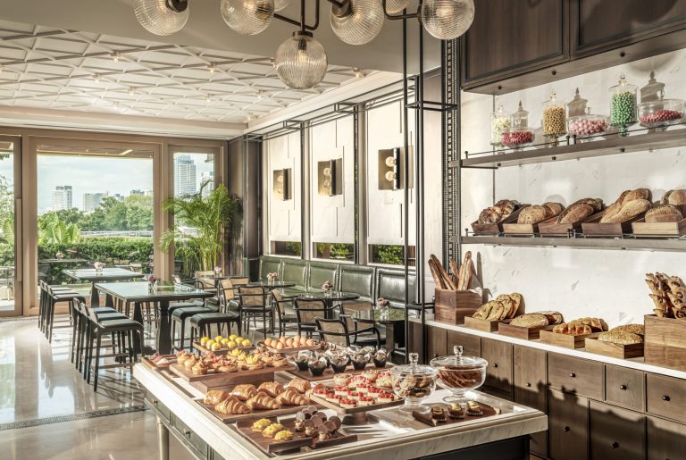 Café Madeleine pastry counter and riverside cafe interior