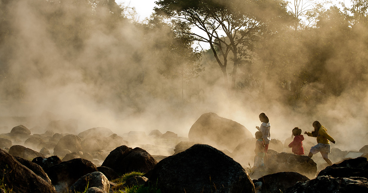 Steam rising through the Chae Son National Park hot-spring area