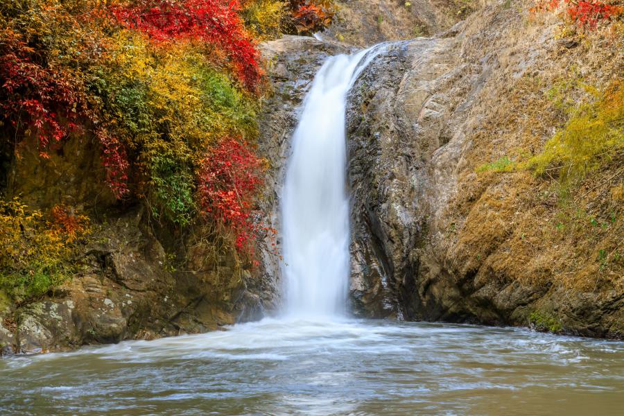 Forest water flowing over rocks at Chae Son Waterfall