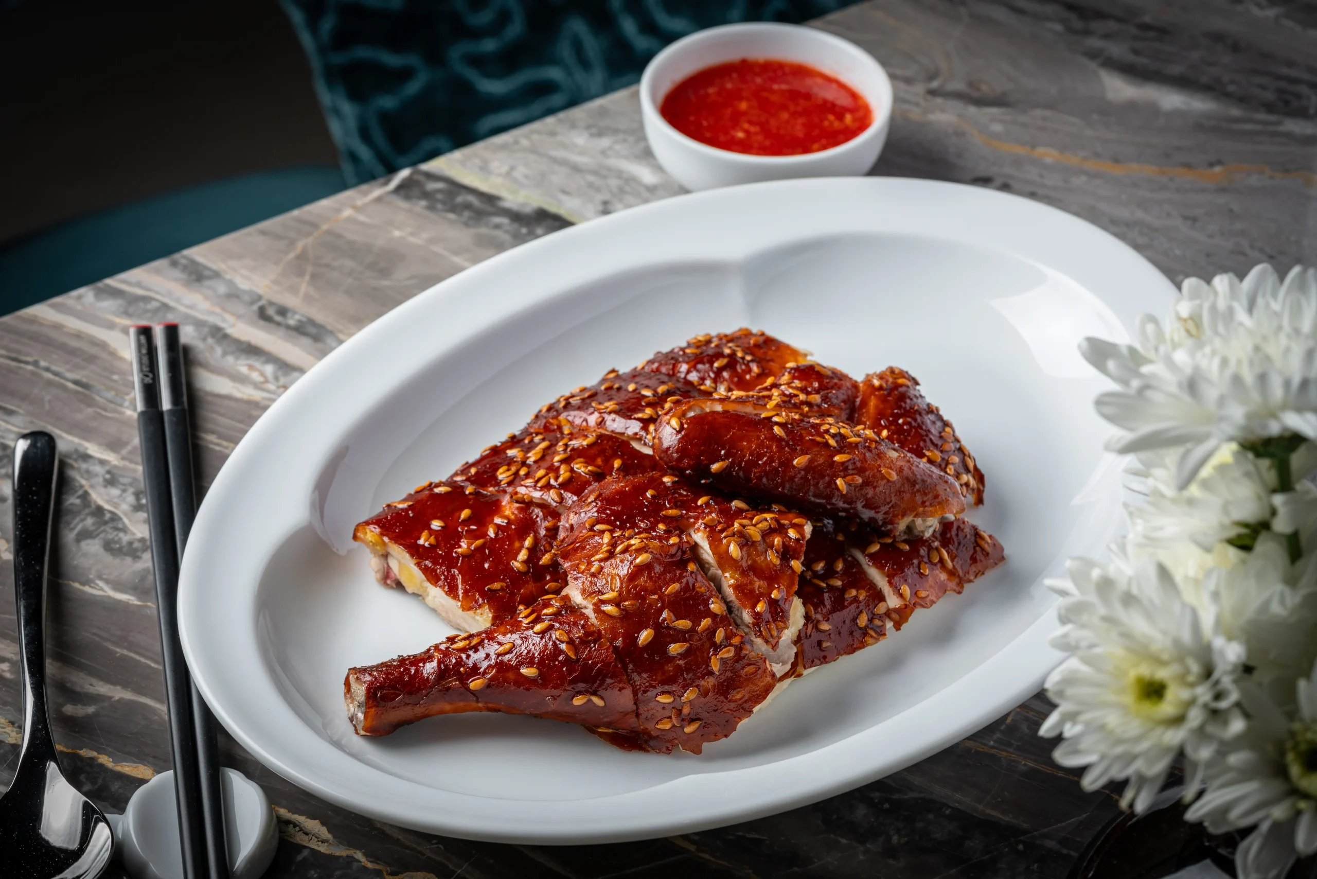 Crispy roasted Guangdong chicken with flax seeds
