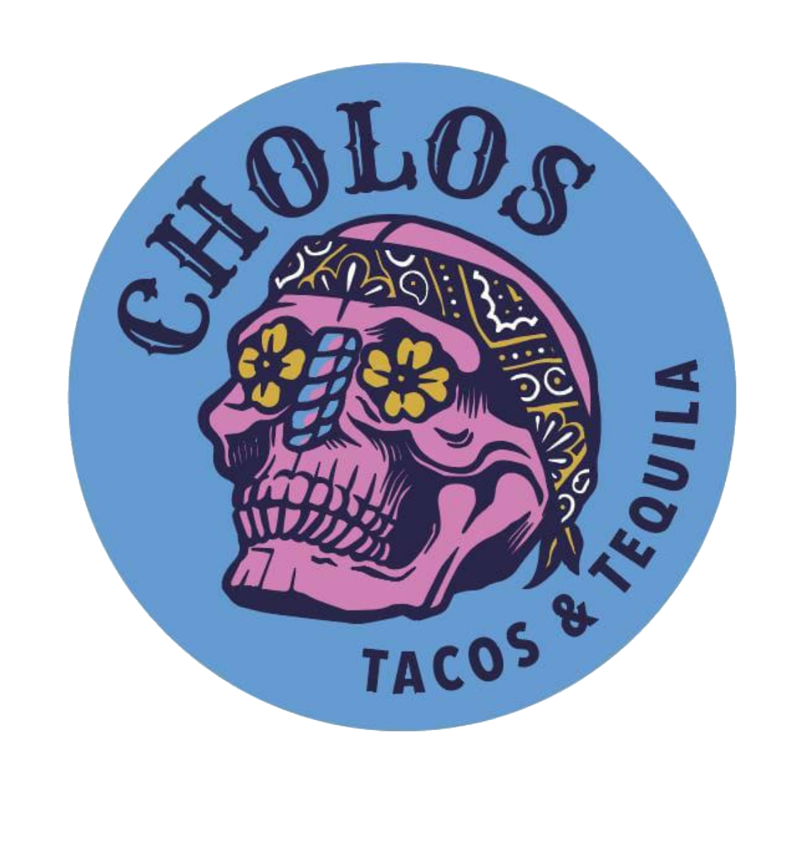 Cholos tacos and tequila skull logo