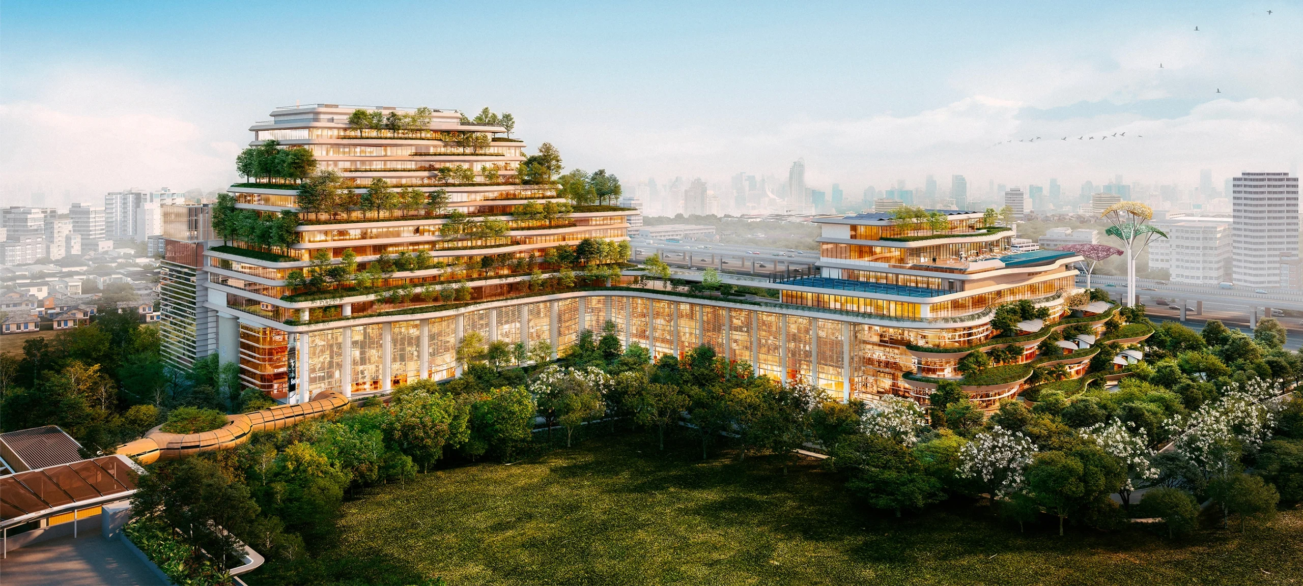 The retail and lifestyle buildings at Happitat