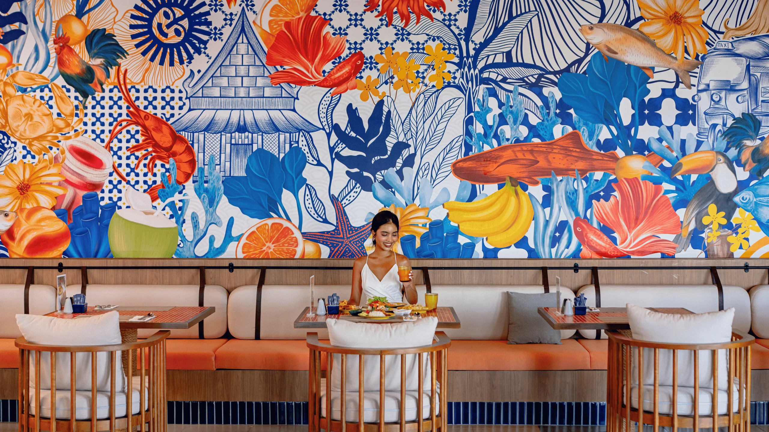 Colourful interior at Solmare beachfront restaurant in La Solaya