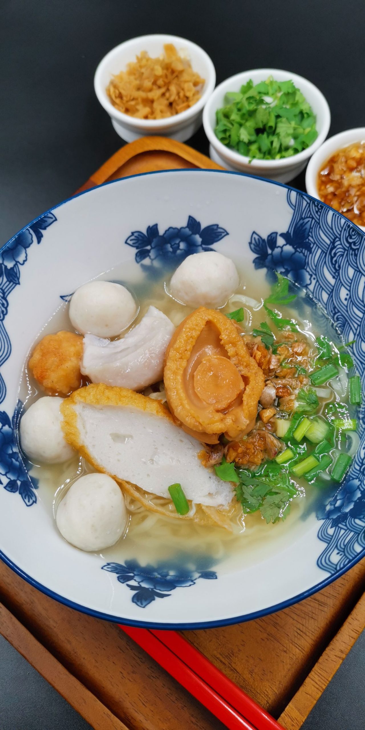 A bowl of Lim Lao Ngow fishball noodles in Bangkok