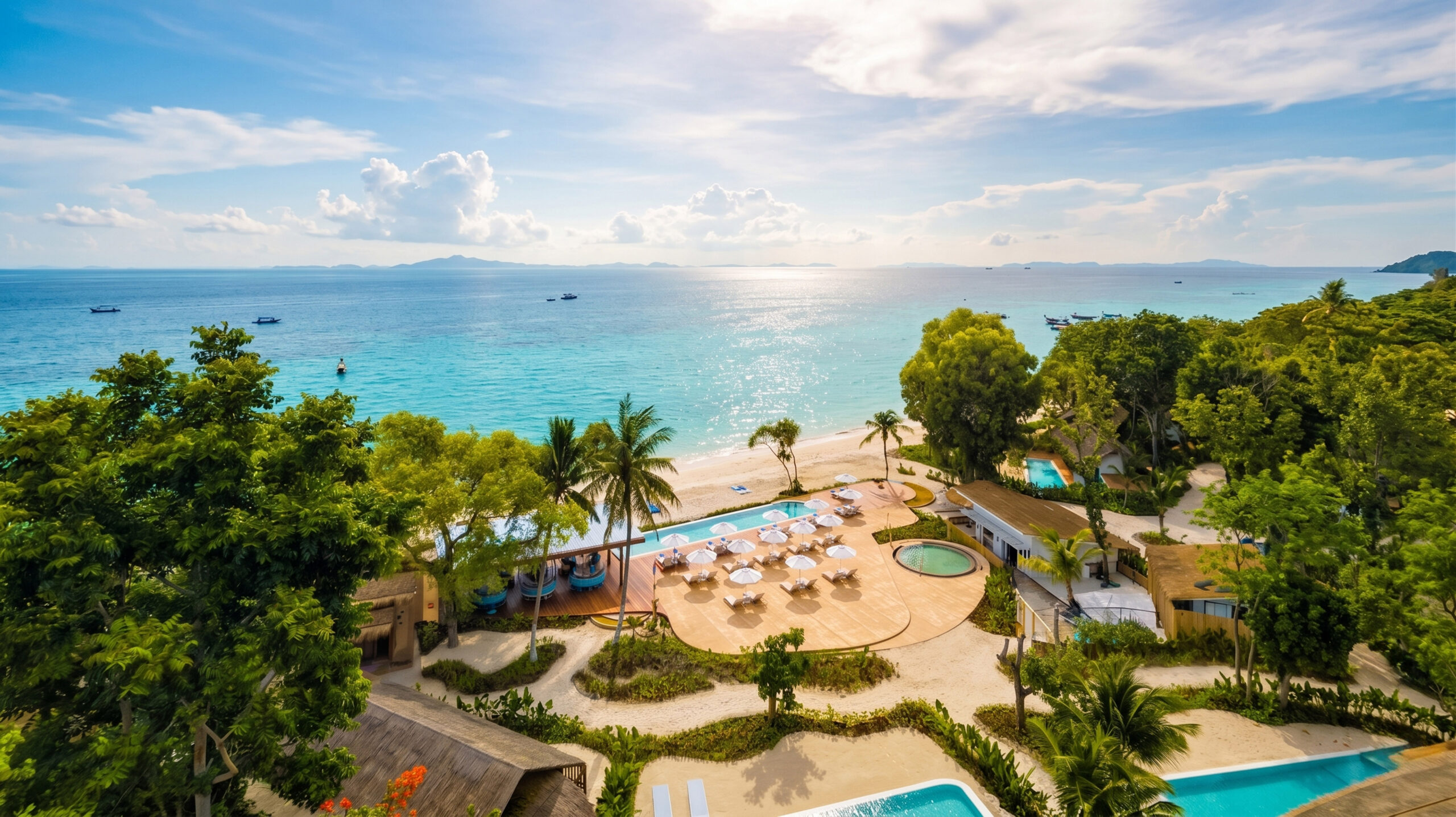 Aerial view of Outrigger Phi Phi Island Resort and beach