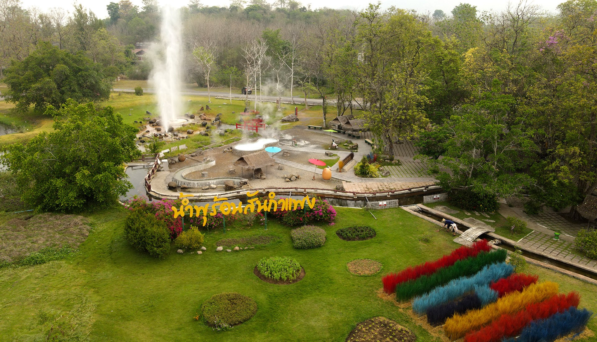 Aerial view of the geyser and landscaped San Kamphaeng Hot Springs