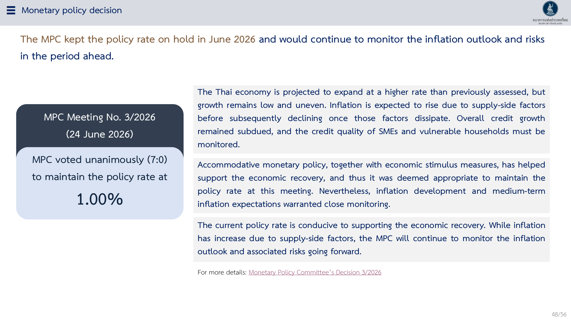 Bank of Thailand summary of its June 2026 policy-rate decision