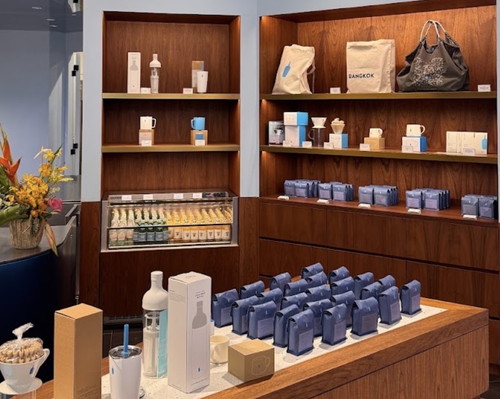 Merchandise display inside Blue Bottle Coffee EmQuartier