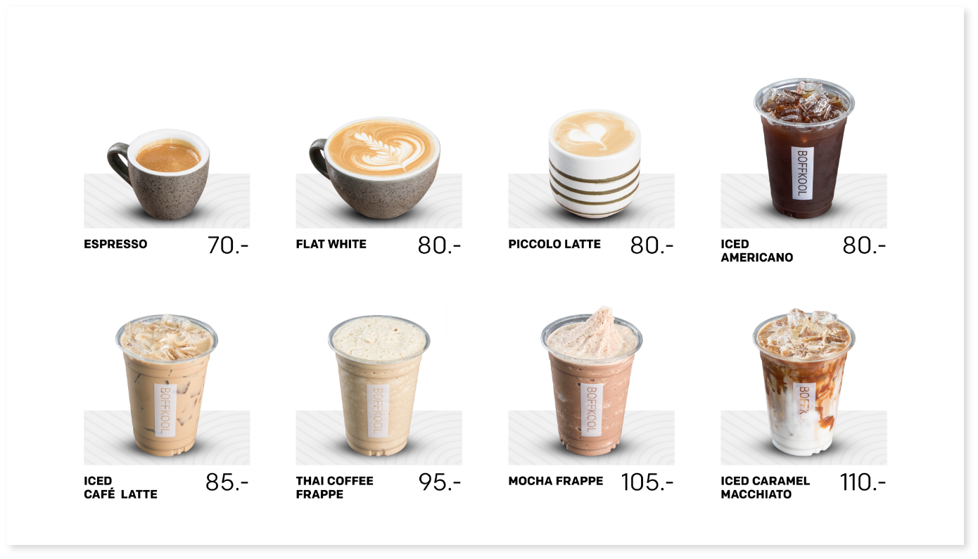 Coffee selection served at Boffkool in Ladprao