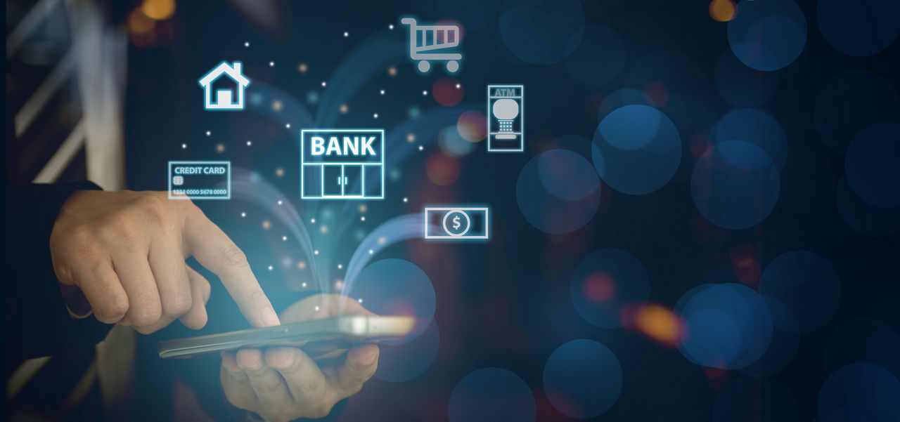 A mobile device displaying connected banking icons