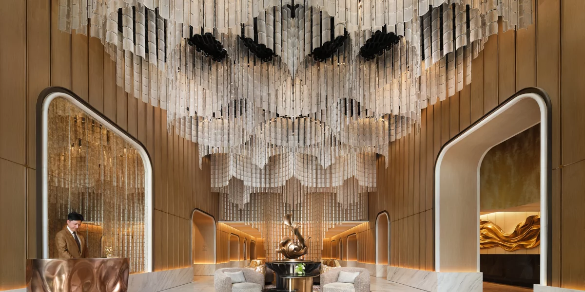 Lobby seating beneath the hotel's sculptural ceiling
