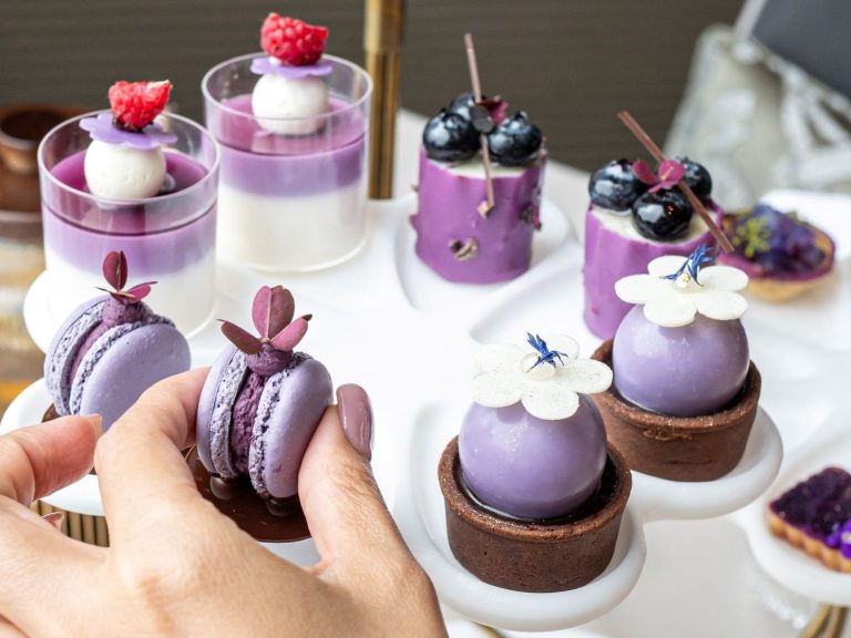Hana Afternoon Tea floral stand and lavender-coloured pastries