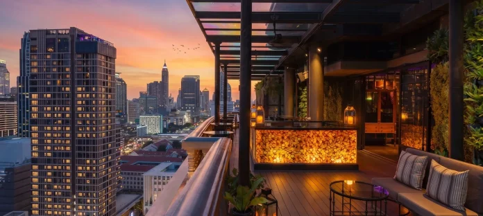 The Speakeasy rooftop at sunset The Speakeasy Rooftop Bar at Hotel Muse Bangkok during sunset