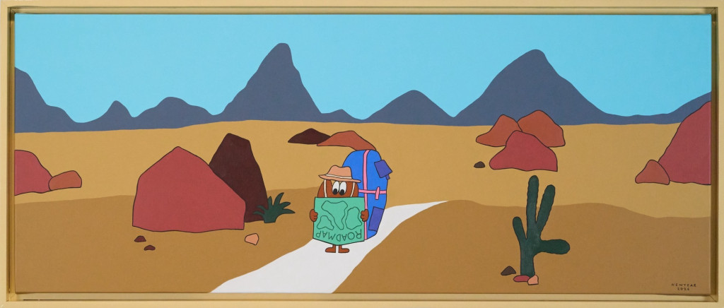 Wednesday the dachshund travelling through a desert landscape