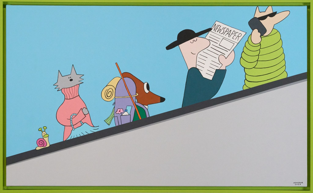 Wednesday and other animal characters on an escalator