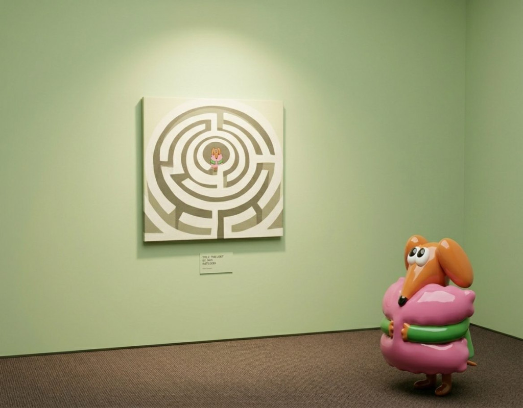 Wednesday character sculpture beside maze artwork
