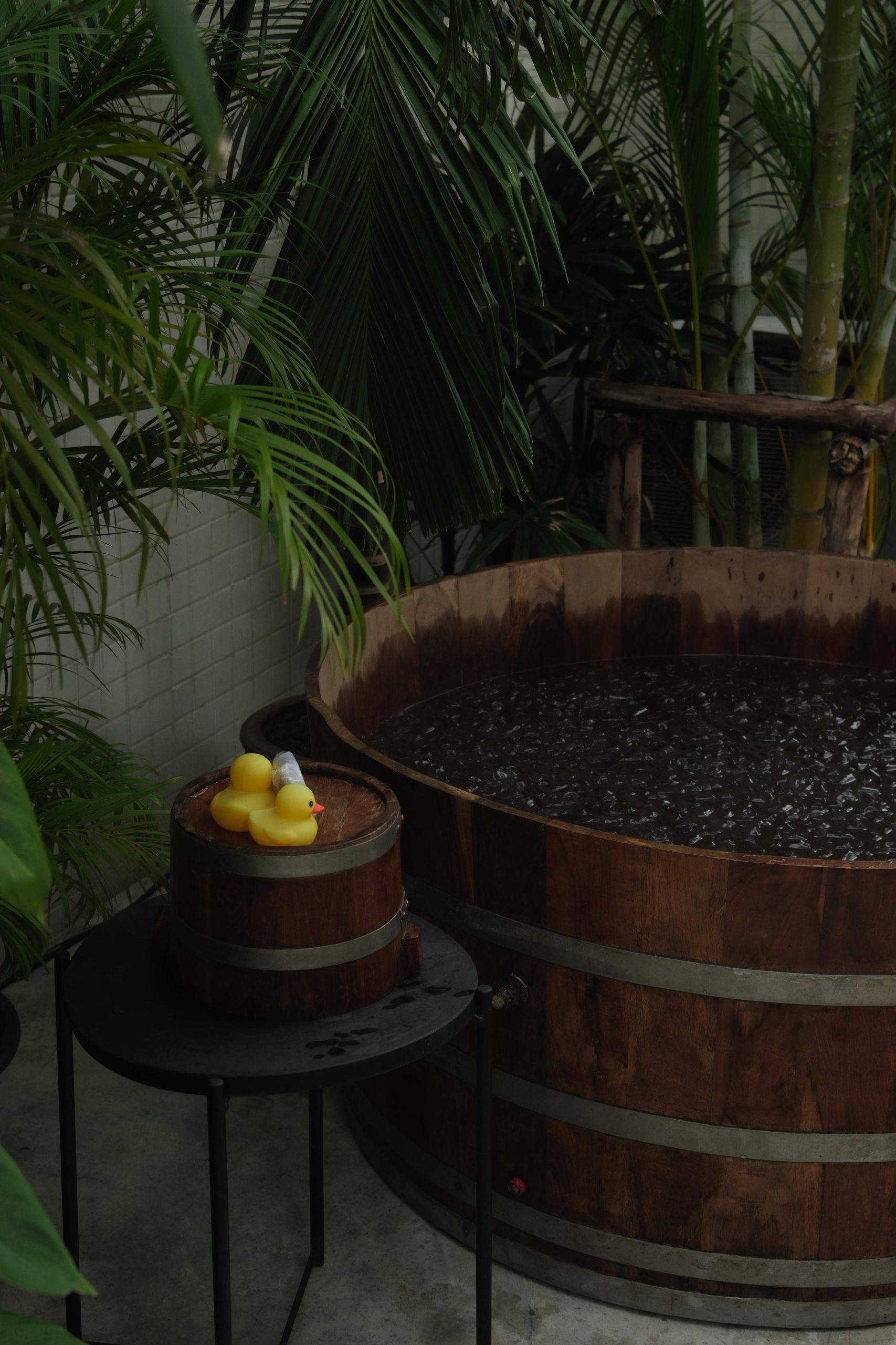 Cold plunge tub in the tropical Ice House garden