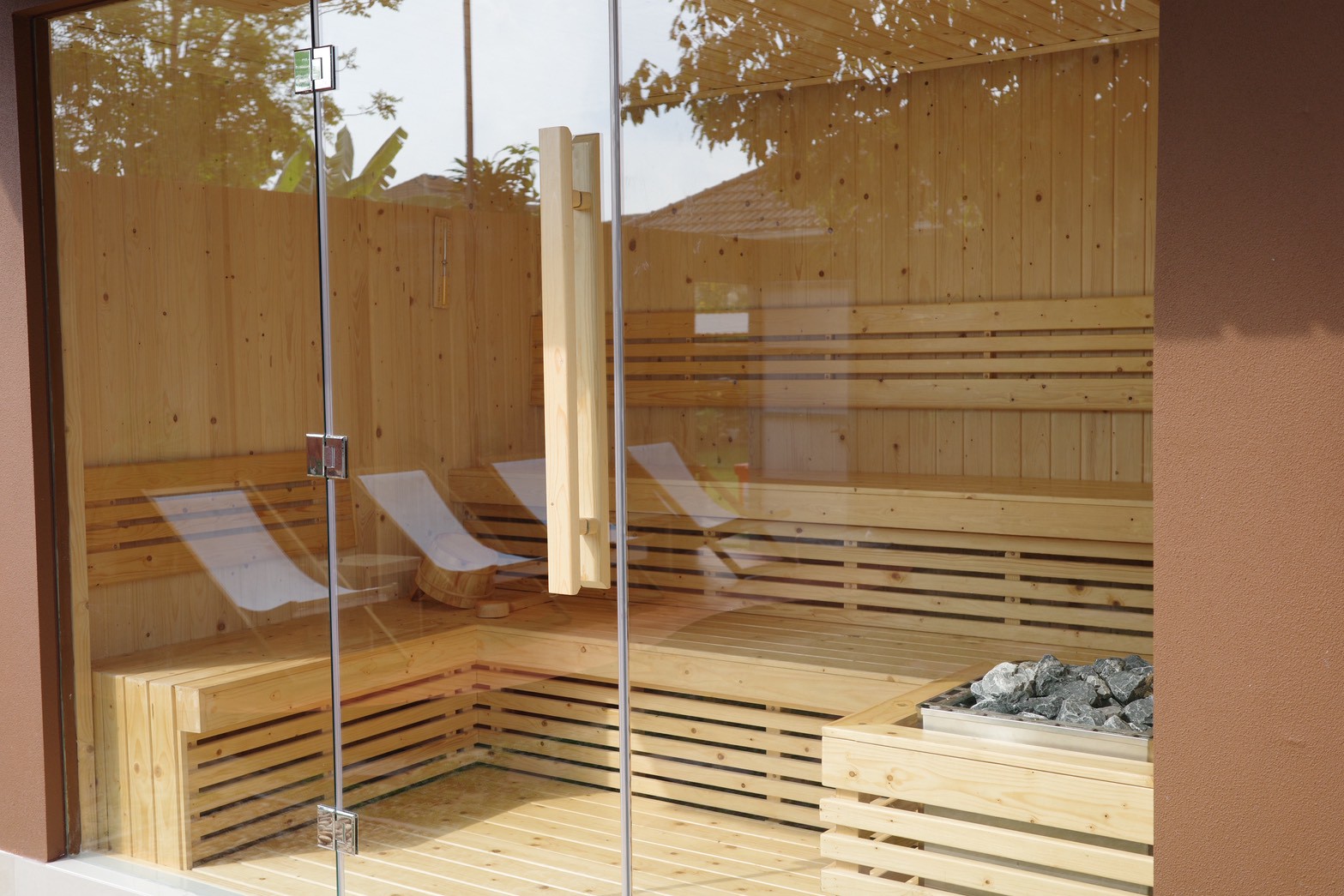 Inside the cedar Finnish sauna at Baan Ice Bath