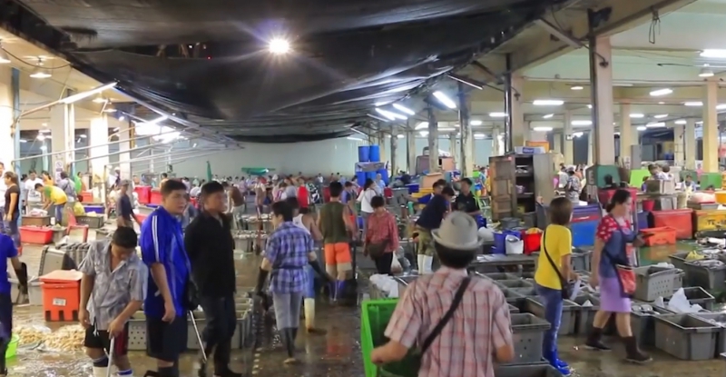 Buyers and vendors inside Bangkok Fish Market