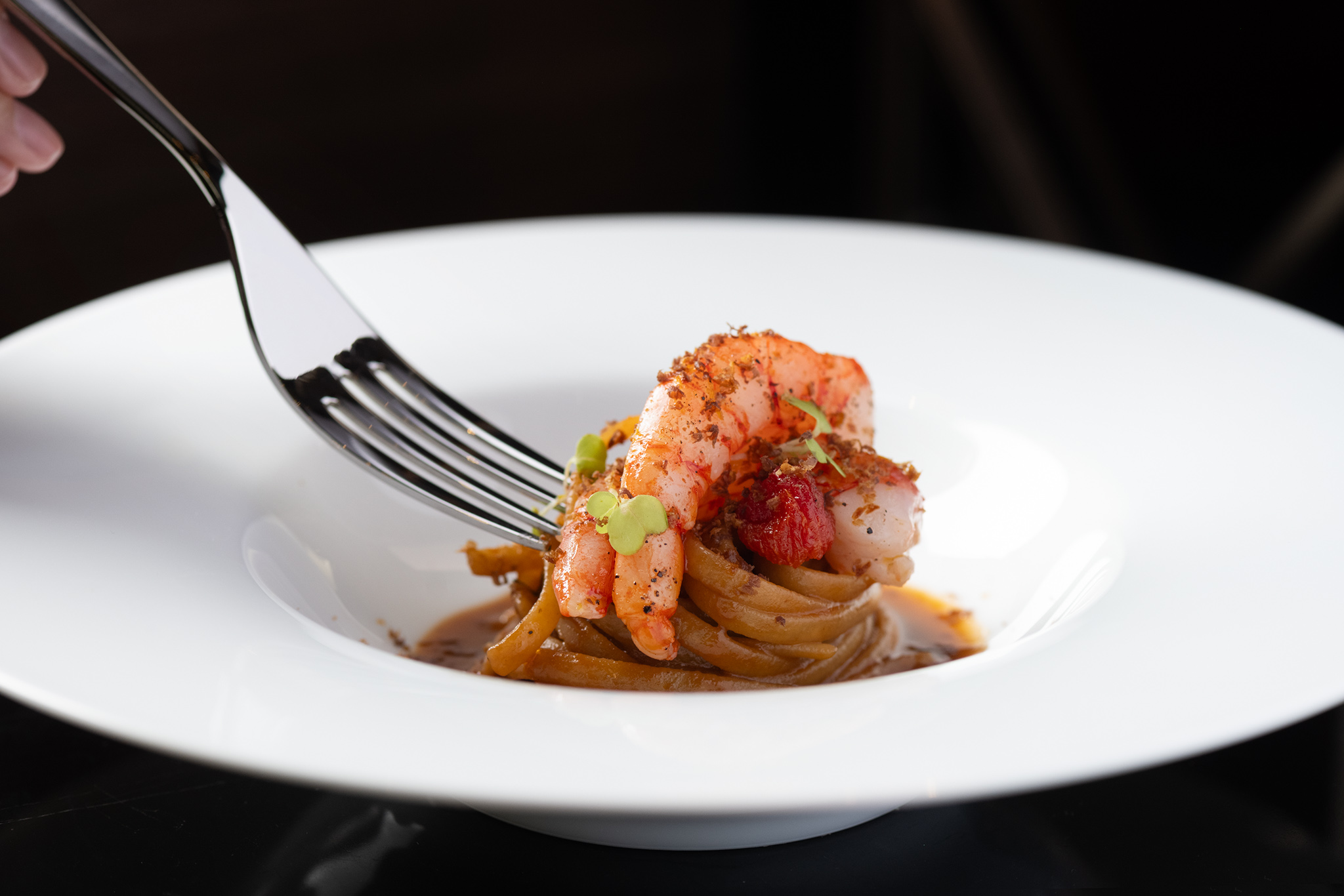 Cannubi linguine with Sicilian red prawn and bottarga
