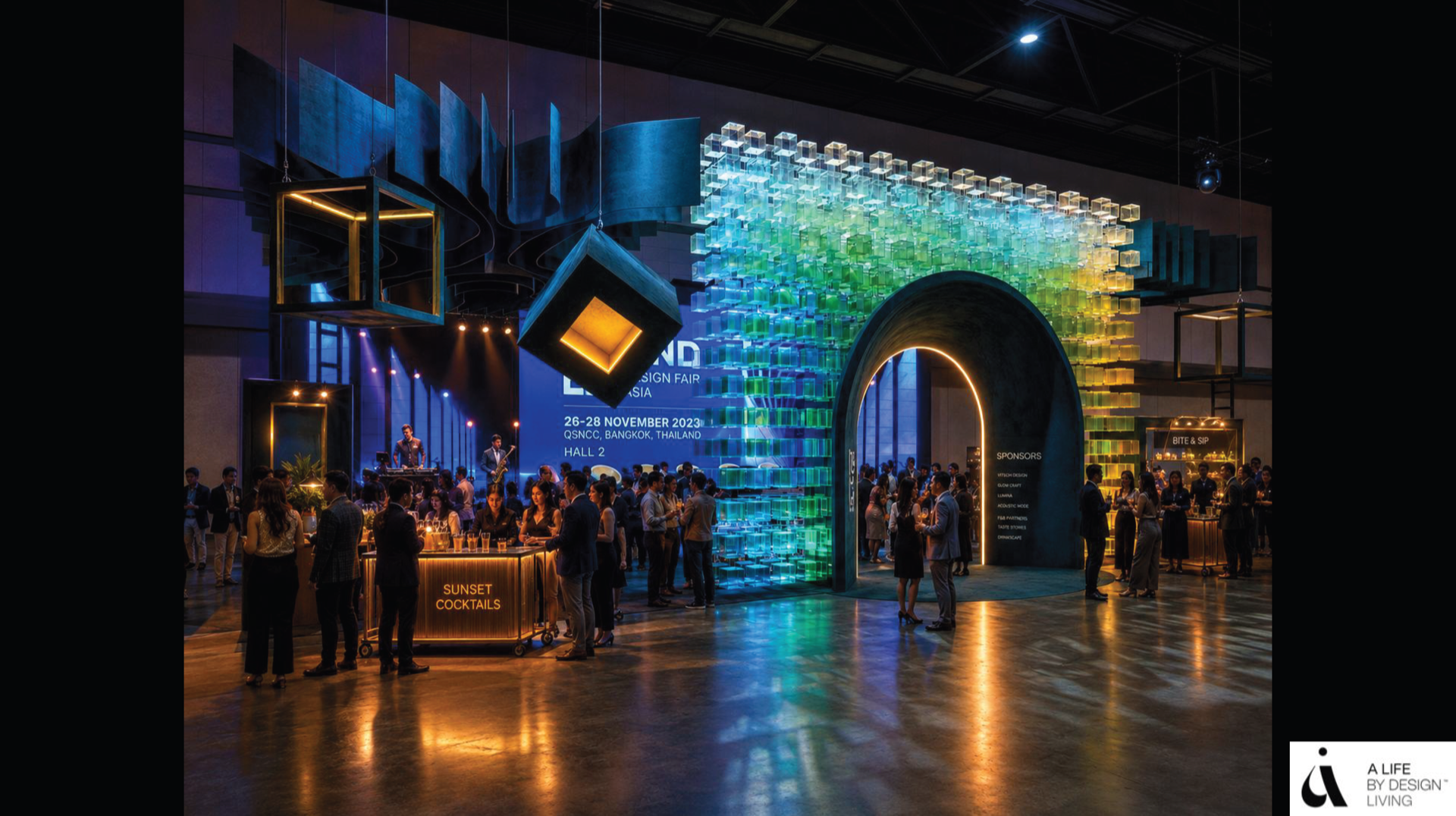 Night rendering of the FIND Design Fair Asia 2026 entrance