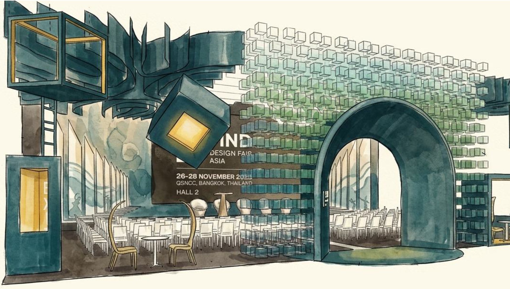 Concept sketch for the FIND Design Fair Asia 2026 entrance