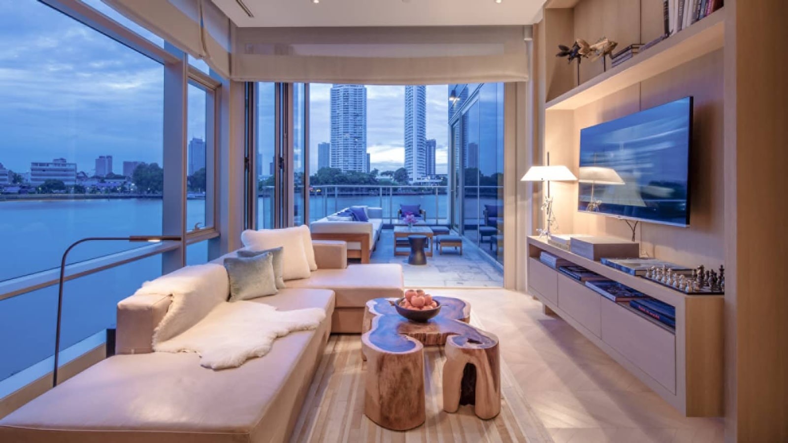 River-facing living room at Four Seasons Private Residences Bangkok