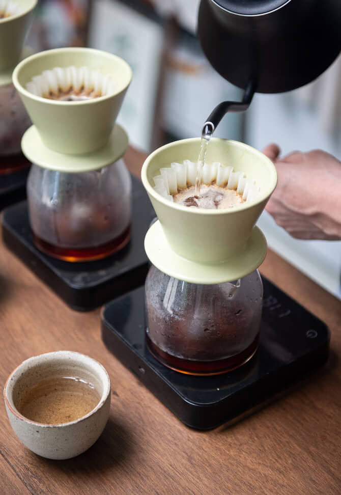 Pour-over coffee being brewed at Hands and Heart Coffee Roasters