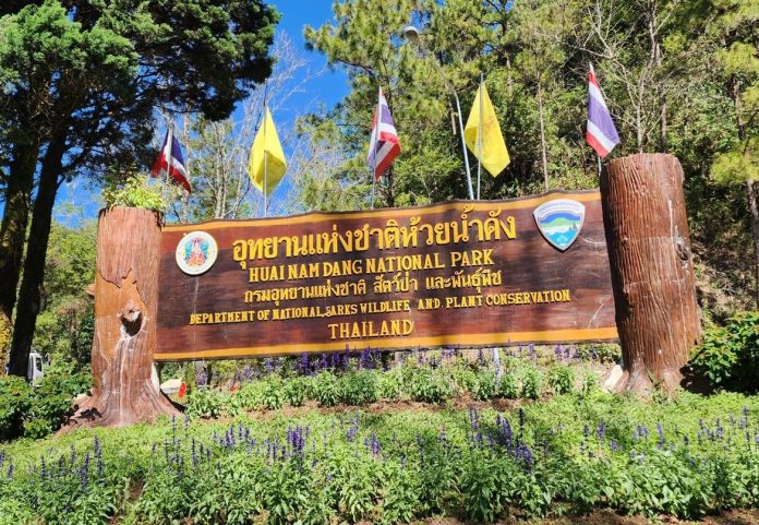 Huai Nam Dang entrance Wooden Huai Nam Dang National Park entrance sign among flowers and pines