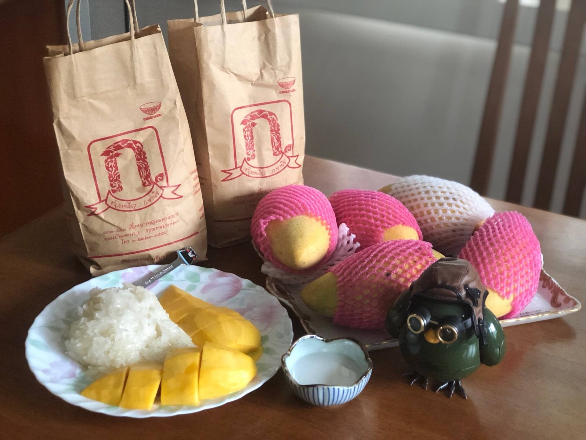 K Panich sticky rice mango and branded takeaway bag