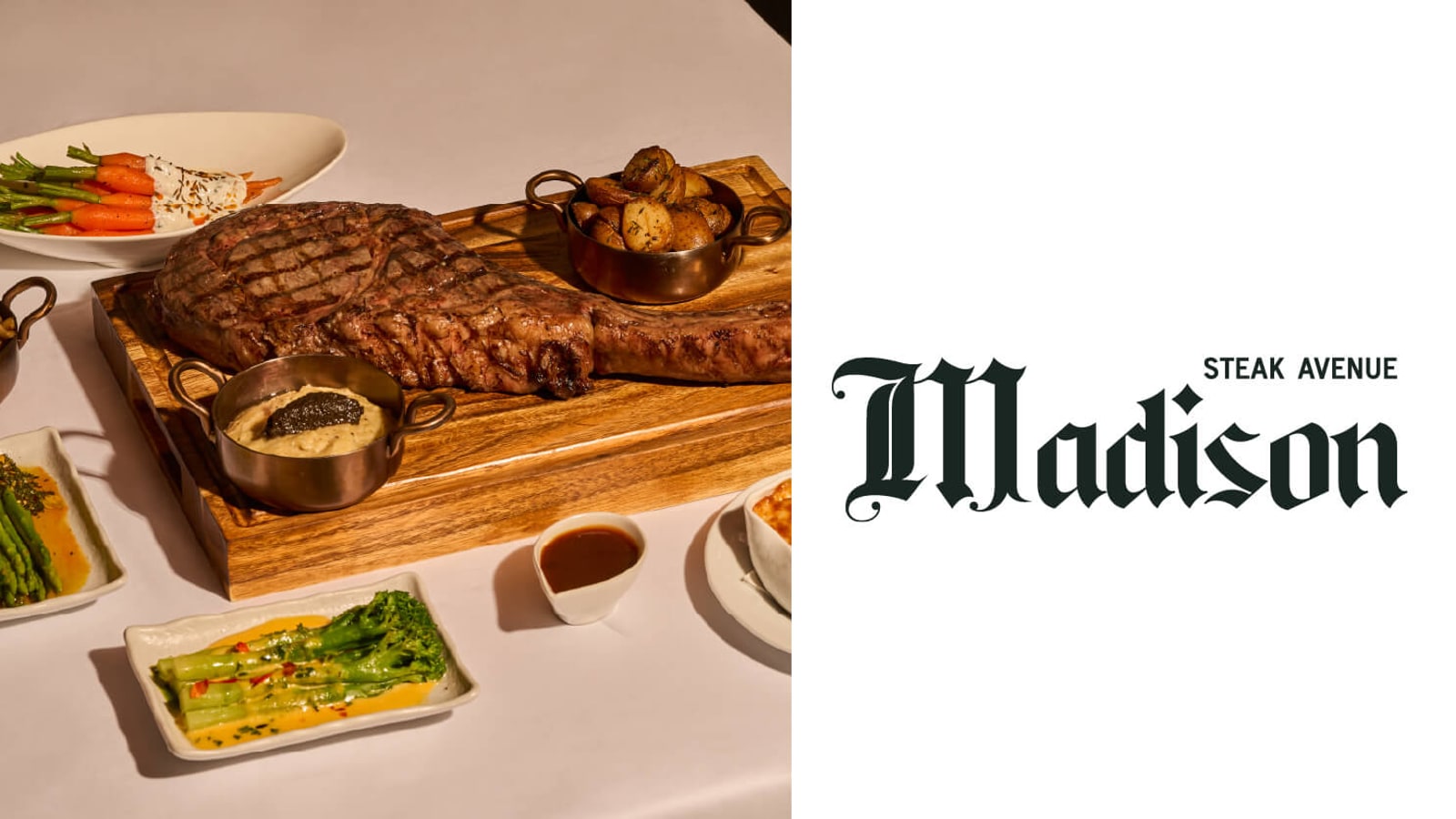 Large grilled steak served with sauces at Madison Steak Avenue