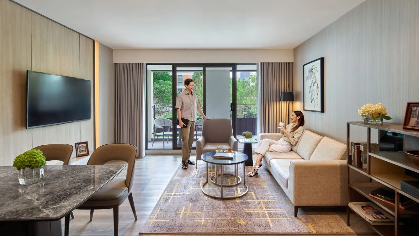 Corner apartment living room at Marriott Executive Apartments Bangkok