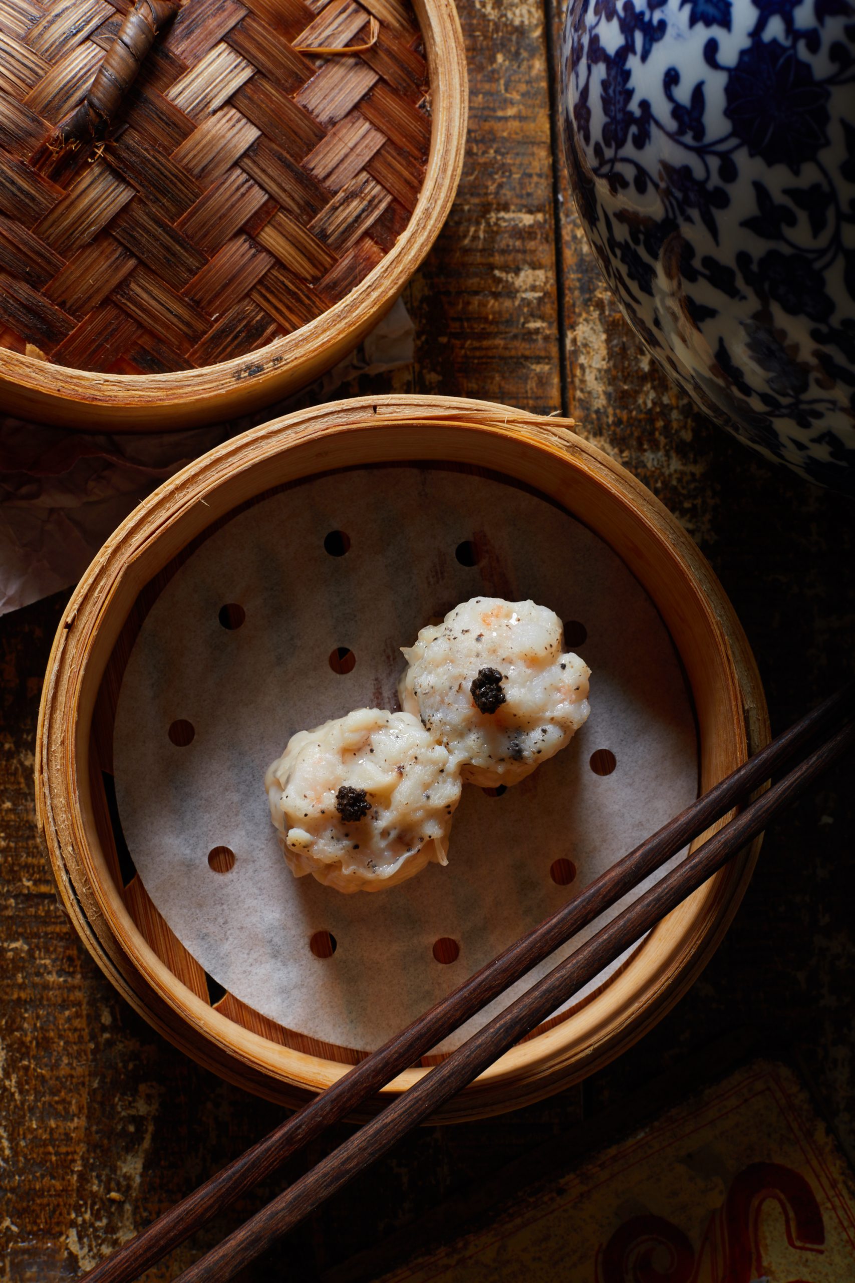 Soft quail egg and Iberico pork siu mai at Mott 32