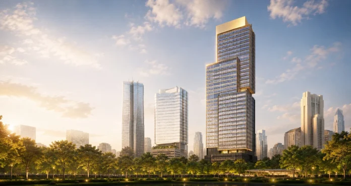 Architectural render of Rosewood Residences Bangkok overlooking Lumphini Park