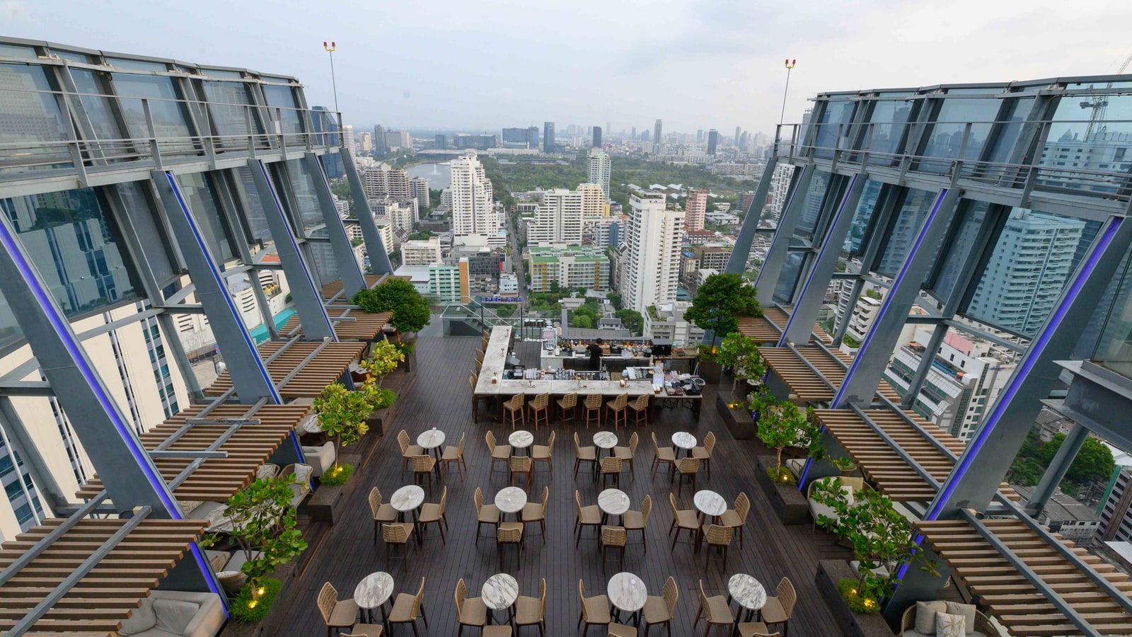 Open-air levels and tables at Spectrum Lounge and Bar Bangkok